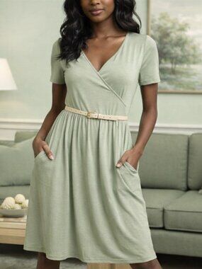 Eikosi Sage CrissCross Pockets Short Sleeve Midi Sheath Casual Dinner
